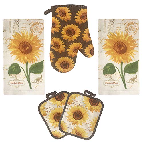 Lobyn Value Packs Golden Sunflower Kitchen Towel 5 Piece Linen Set 2 Towels 2 Pot Holders 1 Oven Mitt #TOP10