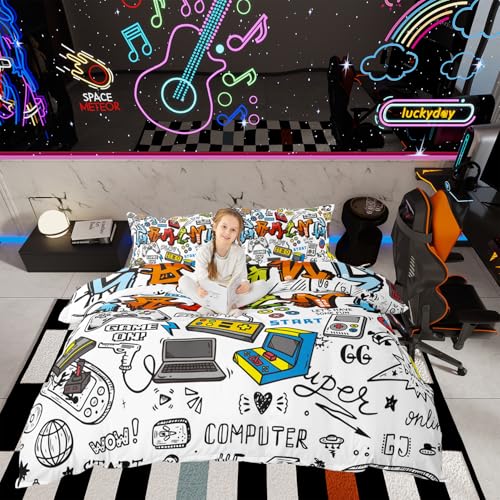 Juego de Ropa de Cama Gamer con diseño de Graffiti Multicolor, Funda de edredón para Controlador de Videojuegos,Adolescentes y niños, decoración de habitación Juvenil, 3 Piezas,