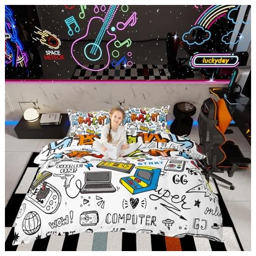 Juego de Ropa de Cama Gamer con diseño de Graffiti Multicolor, Funda de edredón para Controlador de Videojuegos,Adolescentes y niños, decoración de habitación Juvenil, 3 Piezas,