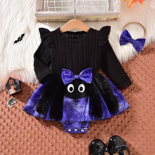 Halloween Baby Mädchen Strampler Kleid Set, Süße Spinne Kostüm, Langarm Halloween Party Verkleidung Outfit, Schwarz Lila baby halloween