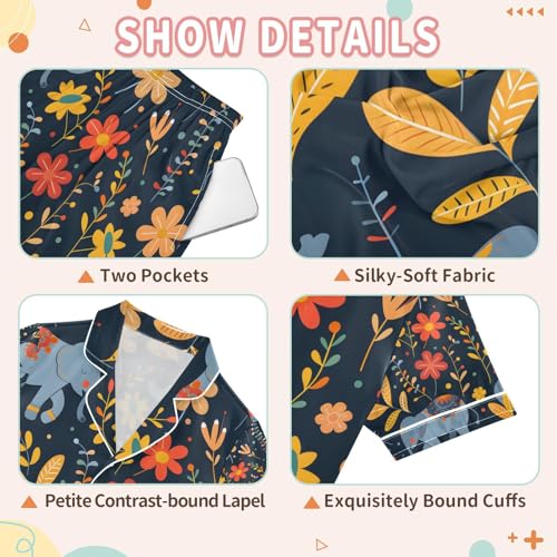 senya Elephants and Flowers 1 Satin Summer Pajama Sets Silk Short Sleeve Button Down Sleepwear3