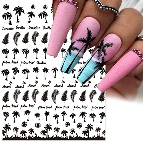 2 hojas gris/negro árbol de coco 3D etiqueta engomada del clavo del océano de verano de la palma de la serie de transferencia de la etiqueta engomada del DIY decoración de uñas Tropical Coco diseños Cover