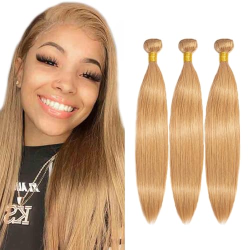 Blonde Bundles Human Hair Straight Bundles 30 30 30 Inch Unprocessed Brazilian Virgin Remy Hair 3 Bundle #27 Honey Blonde Straight Human Hair Extensions For Women 50 Gram Per Bundle