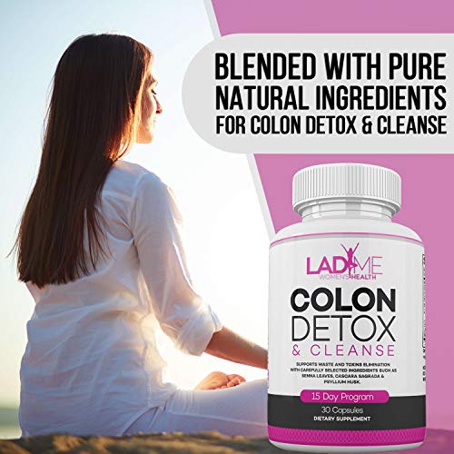 Pure Colon Cleanse & Detox 15 Day Program - Herbal Laxative Constipation Relief With Psyllium Husk, Cascara Sagrada & Senna Leaves - Special Women Intestinal Cleanser By Ladyme - 30 Capsules #TOP4