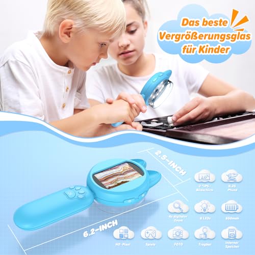 Lupe für Kinder, 200X Handheld Kindermikroskop mit 2,0 IPS Bildschirm, 8 LEDs, USB to PC - Mikroskop für Kinder ab 3 Jahre, pädagogische Wissenschaft Geschenk für Geburtstag/Weihnachten Blau
