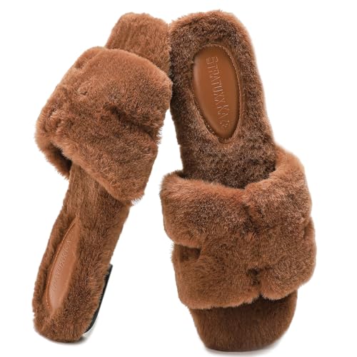 Statuxx Kaze Women's Comfy House Fur Slippers Open Toe Fuzzy Slides Indoor