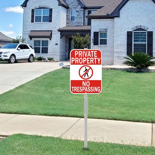 2 Pack Private Property No Trespassing Sign with 36" Metal Stakes, 14" x 10", Reflective Aluminum Sign, Weather Resistant, Waterproof, Easy to Mount by Cefrashi - Used condition - Image 2