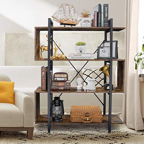 Becko Us Bookshelf Vintage Industrial Bookcase 4 Tier S Shaped Display Book Shelves Storage Rack Shelves Z Shaped Shelges For Bedroom Home Office Living Room Entryway Hallway (Rustic Brown) #TOP5