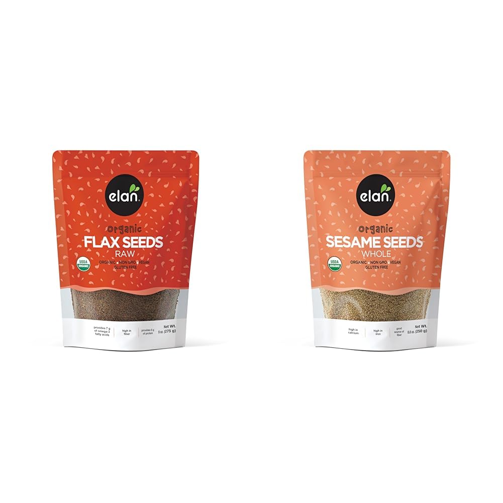 Elan Organic Flax Seed 9 oz & Sesame Seeds 8.8 oz Bundle - Whole Raw Seeds, Non-GMO, Vegan, Gluten-Free, Kosher, High Fiber Superfood