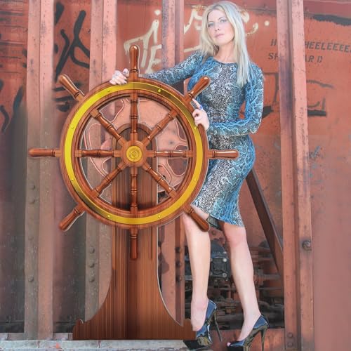 Image of DoubleFill 4 Feet Ship Wheel Cardboard Cutout Nautical Party Decorations Stand up Large Captain Wheel Photo Props Back Drops for Pirate Nautical Party Home Outdoor Decor
