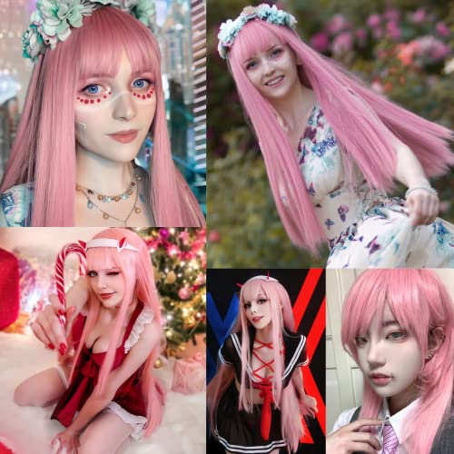 Anogol Hair Cap+32Inch/80Cm Pink Wig Peluca Rosa For Anime Cosplay Women, Long Pink Wig Colored Wigs For Women Halloween Costumes, Synthetic Wig Straight Wig For Halloween Costumes Women Wigs Cosplay #TOP4