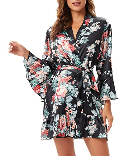 Escalier Women's Silk Robe Kimono Bridesmaid Robes With Ruffle Hem V-Neck Floral Short Satin Wedding Bridal Party Robe,Black Floral M. #TOP3