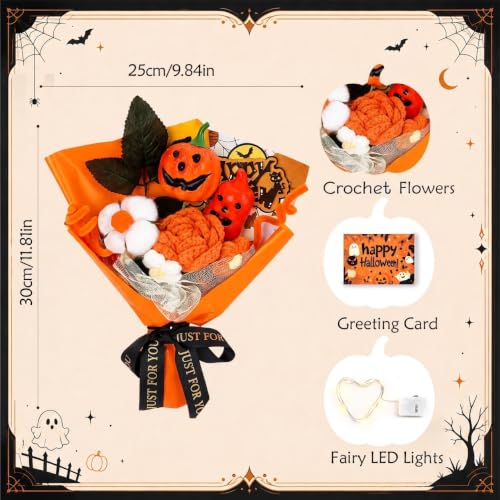 Image of Halloween Crochet Flower Bouquet with Pumpkin & Ghost, Handmade Orange Gift