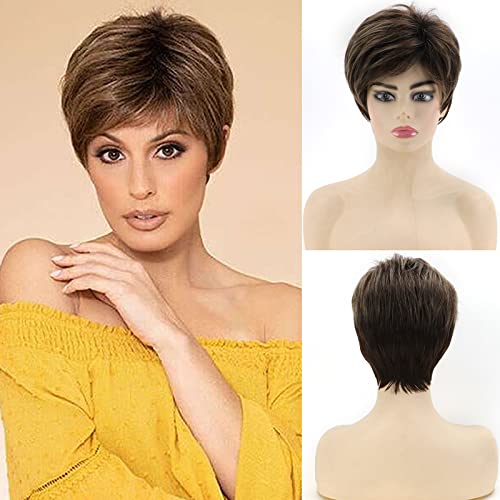 Renershow Short Ombre Brown Highlight Pixie Cut Wigs For White Women Heat Synthetic Side Part Wig With Bangs Dark Brown Mixed Blonde Layer Natural Short Hairstyles For Women #TOP22