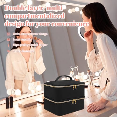 ADERTOS Nagellack Aufbewahrung Tasche Doppelschicht Nagellacktasche Schwarz Nagel Taschen Nagellack Organizer Wasserdicht Nagellackaufbewarung Tasche Nylon Kosmetiktasche für 30 Flaschen Nagellampe