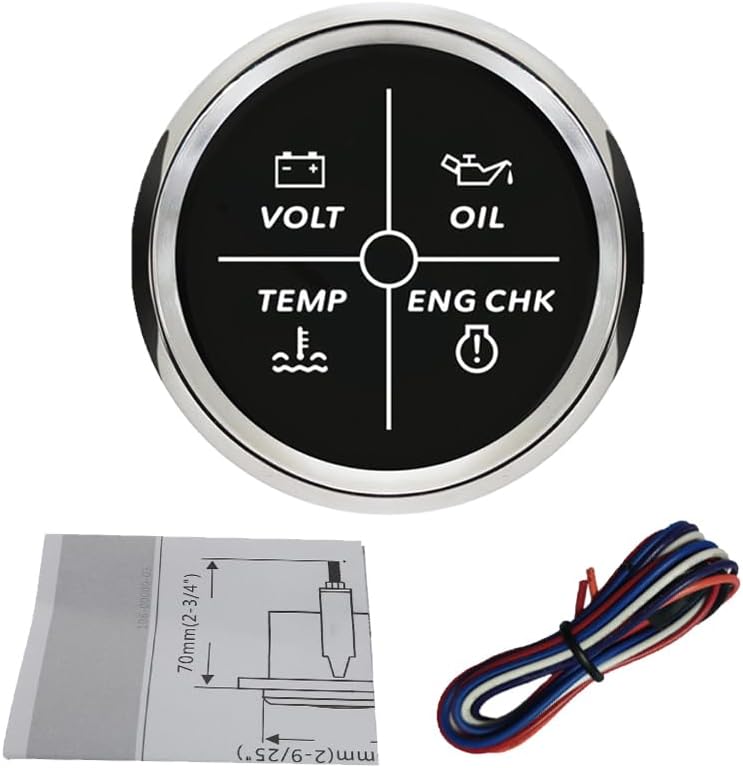 ELING 52mm 4LED Engine Alarm Gauge Meter 9-32V with Red Backlight for Car Trucks (Black+Stainless Steel)