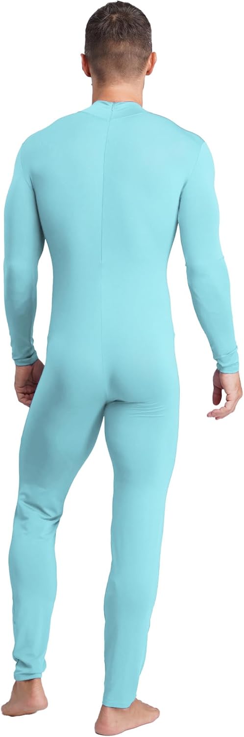 Mens Gymnastics Unitard Solid Color Mock Neck Long Sleeve Full Length Leotard Sportwear