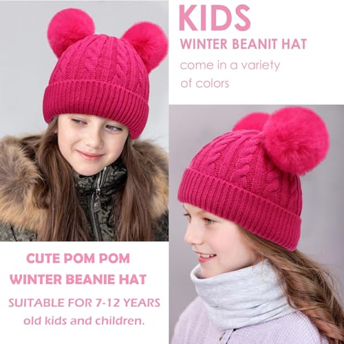 Kids Winter Beanie Hat Warm Fleece Lined Knitted Ski Cap with Double Pom Pom for Boys Girls Ages 7-122