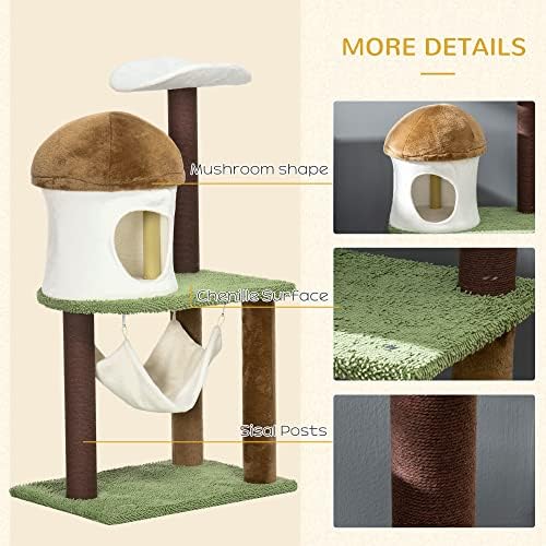 PawHut 100cm Cat Tree, Kitty Activity Centre, Cat Tower, with Mushroom-Shaped Cat House, Sisal Scratching Post, Hammock - Green, Brown & Cream
