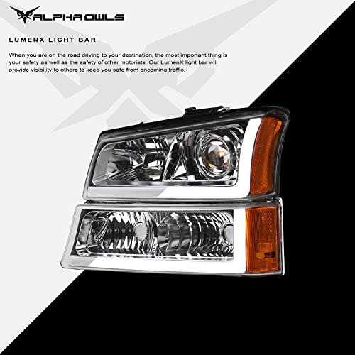 Alpha Owls 8719626 Projector Headlights With Signal Bumper Lamps & White LED Light Bar 4-Pieces - Chrome Amber Fits 2003-2006 Chevy Silverado / 2007 Classic Body by Alpha Owls - Image 4