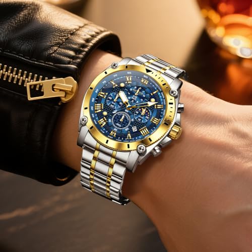 Image of OLEVS Men's Watch Luxury Big Face Stylish Original Business Dress Moon Phase Two Tone Stainless Steel Waterproof Calendar Wrist Watch