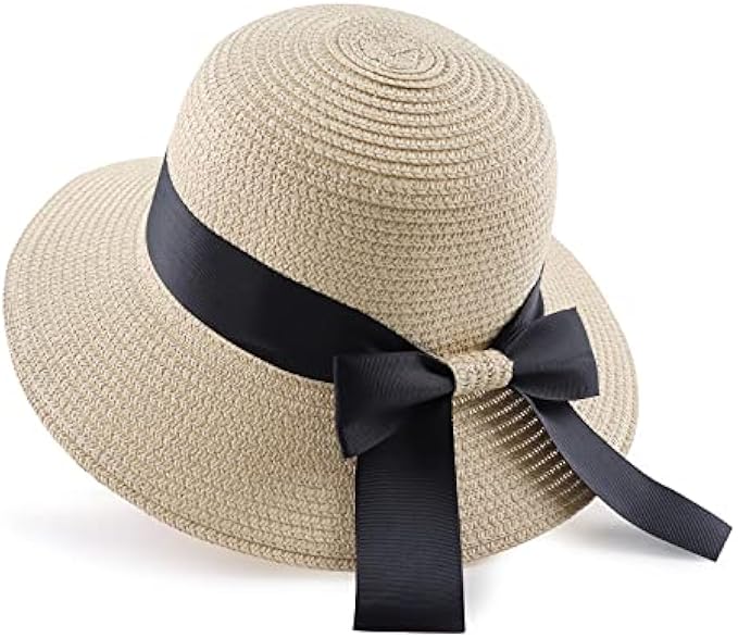 Zsedrut Women,Little Girls Straw Sun Hat Summer Beach Cap Foldable Visor Floppy Hats Wide Brim with Bowknot