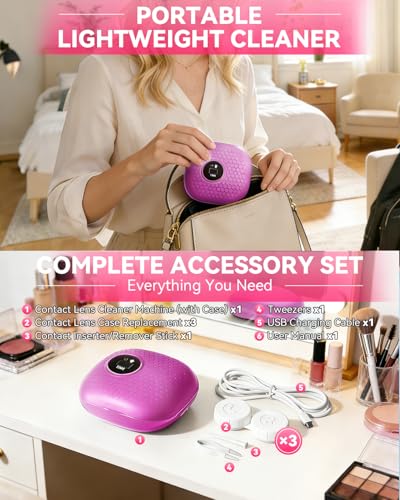 Image of Pro 3.0 Portable Ultrasonic Contact Lens Cleaner【Rechargeable】【50KHz Germany Super Motor】【Top1 Intelligent Chip-Smart Modes】 99% Brightness, Soft Contact Lens Tools Home Travel Use (Purple)