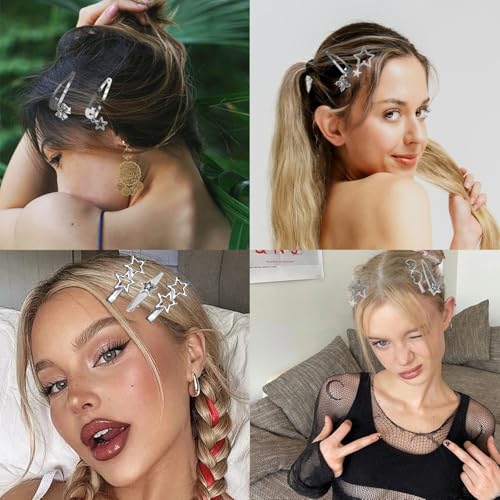 20Pcs Star Hair Accessories Y2K Silver Hair Clips 14 Shapes Metal Non-Slip Snap Barrettes for Girls 2000s Punk Kawaii Star Charm Hair Clips for Women(Silver B)