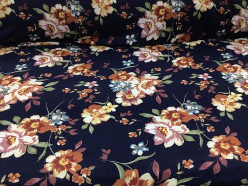 Double Brushed DTY Floral Spandex Fabric Navy Orange Mauve