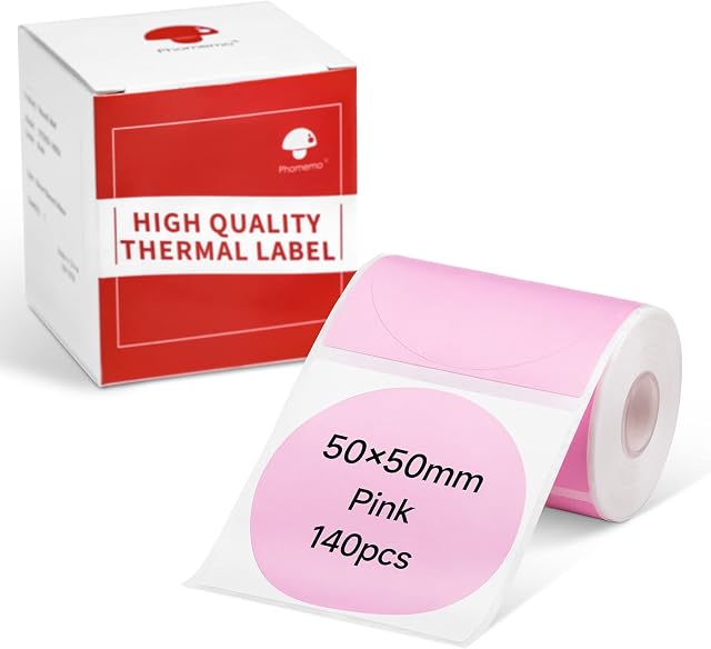 Phomemo M110 Labels Round Label Compatible with Phomemo M110 M110 M200 M120 M220 Label Maker,1.97"x1.97"(50x50mm) 140 Self-Adhesive Thermal Labels, Multi-Purpose Label Paper Stickers Paper, Pink