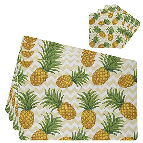 Jumbear Pineapple Placemats And Coasters Set Of 4, Waterproof Heat-Resistant Wipeable Leather Place Mats Kitchen Table Mats , 17.5 X 11.8 Inch #TOP3