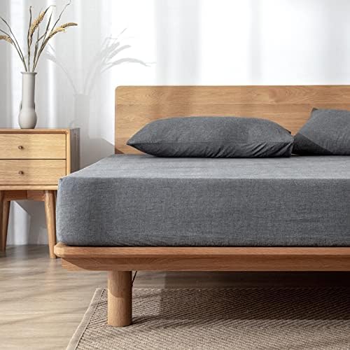 TIPTOE BEAR Fitted Bed Sheets 100% Washed Cotton Ultra Soft Slightly Wrinkle Linen Feel Breathable Deep Pocket, 1 Fitted Sheet Only (Grey, Queen)
