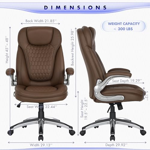 Image of COLAMY Executive Office Chair-Ergonomic Computer Desk Chair, High Back Leather Chair with Padded Flip-up Arms, Swivel Home Office Chair Upgraded Caster, Brown