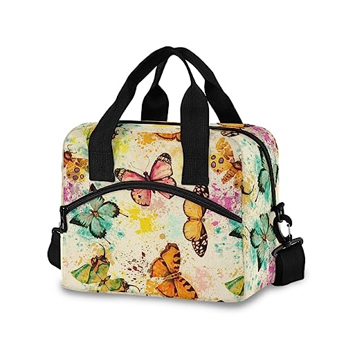 Watercolor Art Animal Butterfly Lunch Bag Insulated Lunch Box for Women Men Tote Bag with Detachable Shoulder Strap for Office School Picnic Hiking