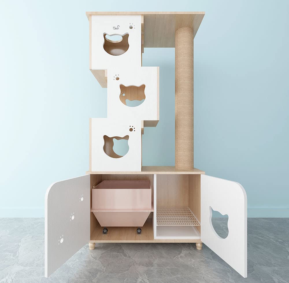 CatS Design 2 w 1 drapak i kuweta dla kota dąb biały duże koty stabilne/w zestawie szafka na kuwetę