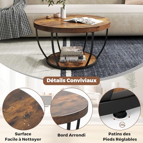 Table Basse Ronde 2 Niveaux 80 cm Marron, COSTWAY