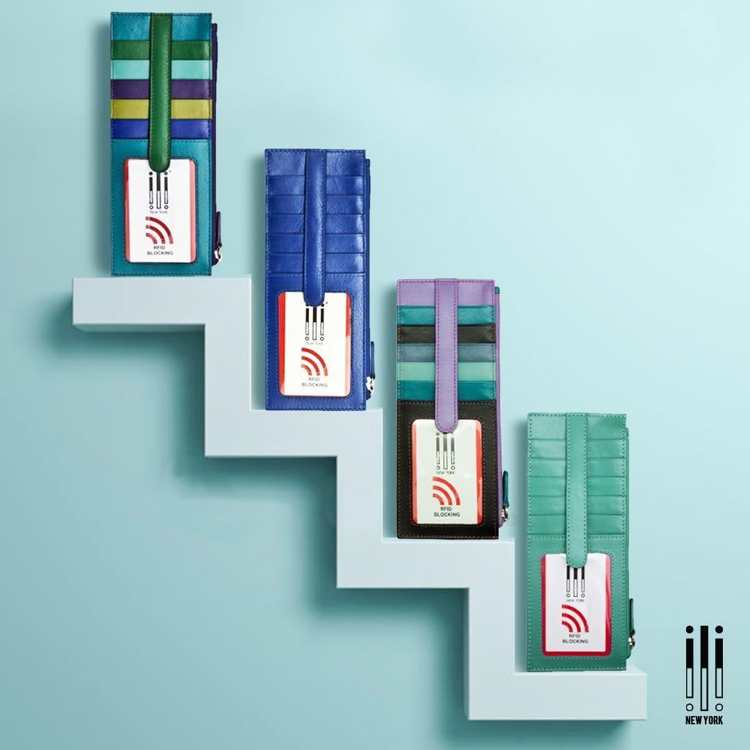 ili New York Long Double Sided Slim Wallet, RFID Blocking Card Holder with ID Window and Side Zip Pocket for Men and Women, Sage Multi - Image 4