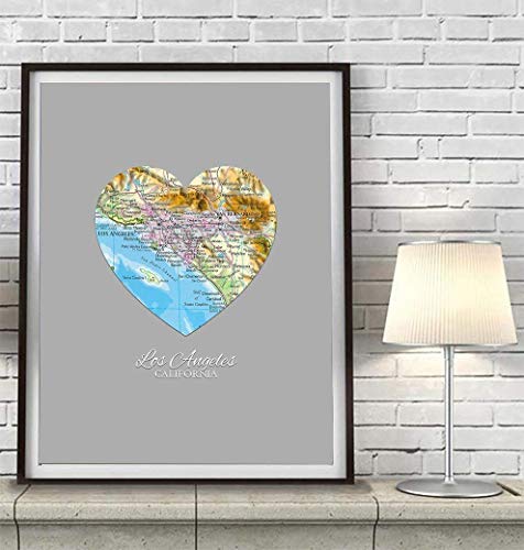 Los Angeles California Vintage Heart Map Art Print, Unframed, Customized Colors, All Sizes #TOP3