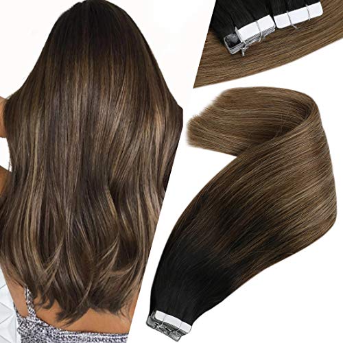 VeSunny 16inch Black Human Hair Extensions Tape in Ombre Hair Extensions Human Hair Remy Tape in Hair Extensions Natural Black Ombre Light Ash Brown Mixed Light Blonde Straight Hair 20pcs
