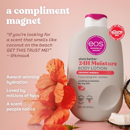 Image of eos Shea Better Body Lotion Coconut Waters, 24-Hour Moisture Skin Care, Lightweight & Non-Greasy, Natural Shea, Vegan, Coconut Body Lotion, 16 fl oz