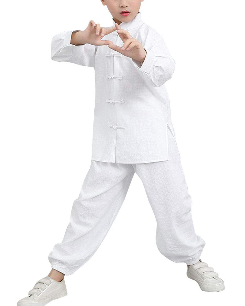 Unisex Bambino Uniforme Kung Fu Abiti da Arti Marziali Tai Chi Maniche Lunghe 2 Pezzi Bianco 140