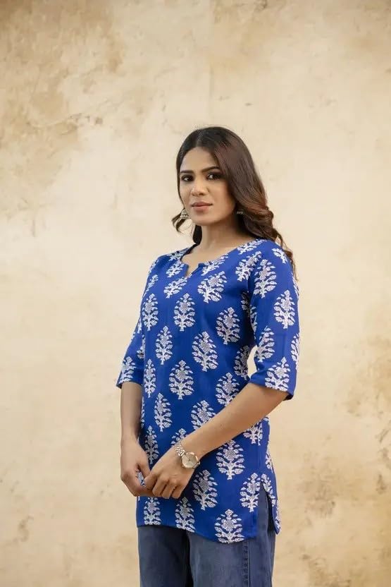 Image of Women's Short Kurti in Multicolor Rayon Cotton Blend | Ladies Ethnic Tunic | Office