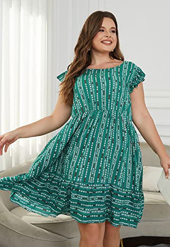 Image of Keluummi Plus Size Midi Dress for Curvy Women Wedding Guest Summer Floral Empire Waist Short Sleeve with Pockets