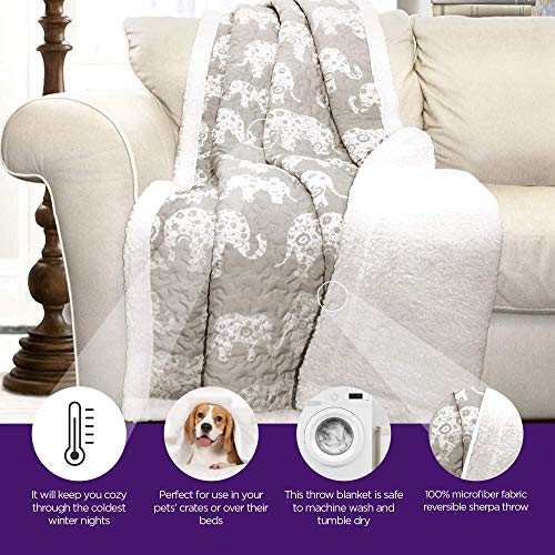 Lush Decor Elephant Parade Throw Fuzzy Reversible Sherpa Blanket, 60” X 50”, Gray #TOP1