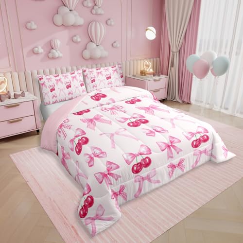 Erosebridal Juego de edredón con lazo rosa a cuadros tamaño matrimonial, bonito juego de edredón con lazo para niñas, lazo, cereza, juego de ropa de cama kawaii en acuarela para niños, adolescentes y