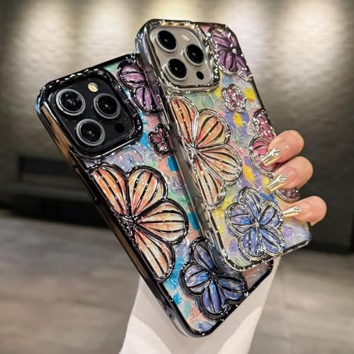 Image of mobistyle Designed for iPhone 14 Plus Cover| Electroplating TPU Bling Colourful 3D Floral Camera Protection Back Cover Case for Girls & Women (Black Electroplating Flowers)