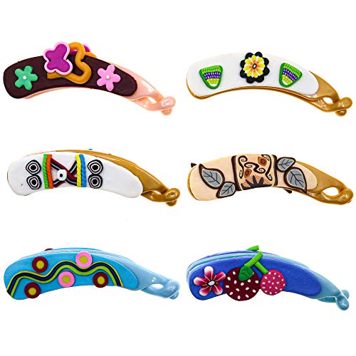 6 Assorted Banana Hair Clips for Girls and Kids with Cute Designs - Large Kids Hair Clips - Strong Clincher Ponytail Hair Accessories for Girls - Party Favors and Goodie Bag Fillers