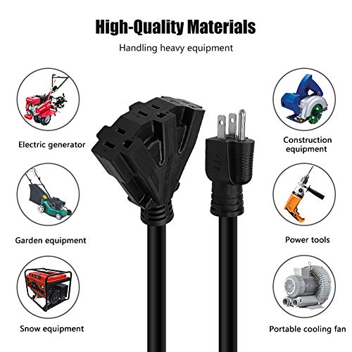 3Ft 12/3 Outdoor Extension Cord, Heavy Duty 3-Outlet Sjtw Indoor/Outdoor Three-Prong Power-Cord 12-Gauge Grounded 15-Amp 1875 Watts #TOP6