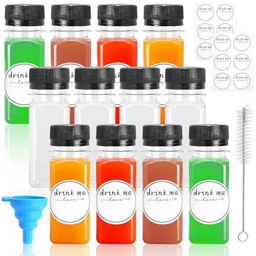 KNJOMZIE 12 Bouteilles Shot 60 ml à Remplir, Mini Bouteilles Plastique avec Bouchon, Flacons pour Ginger Shot, Jus et Smoothie, Réutilisables avec Entonnoir,...