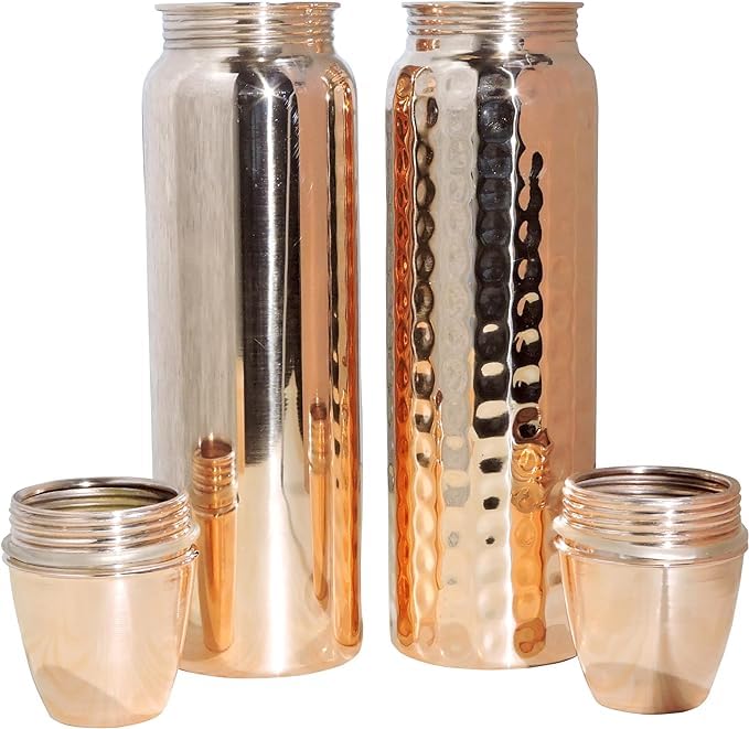 ANCIENTIMPEX Set di borraccia termica in rame martellato e liscio, 850 ml, senza fodera, non rivestita e senza lacca, per benefici per la salute dell' Ayurveda